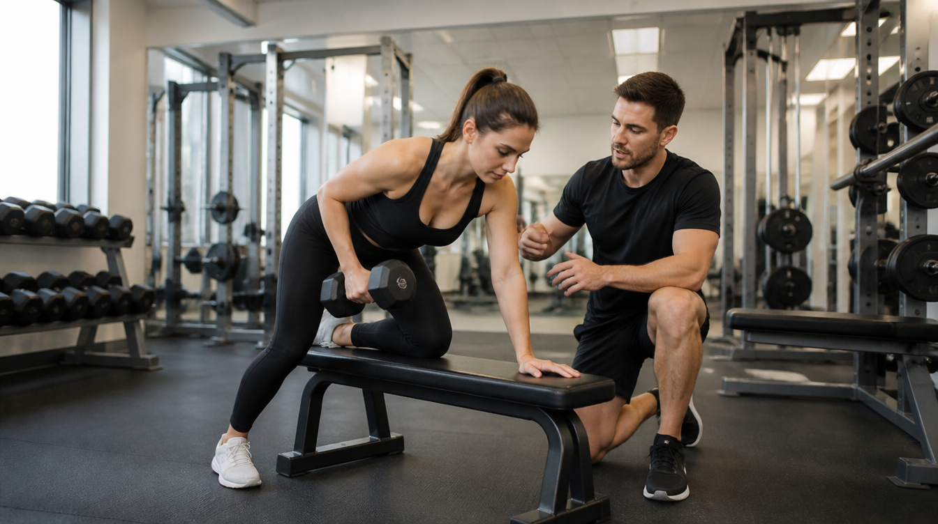 Trainer coaching a client in the gym
